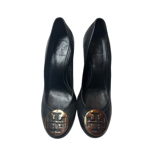 Tory Burch “Sophie” Black Buttery Soft Leather Wedge Pumps Gold Logo Size 10 M - Picture 1 of 9